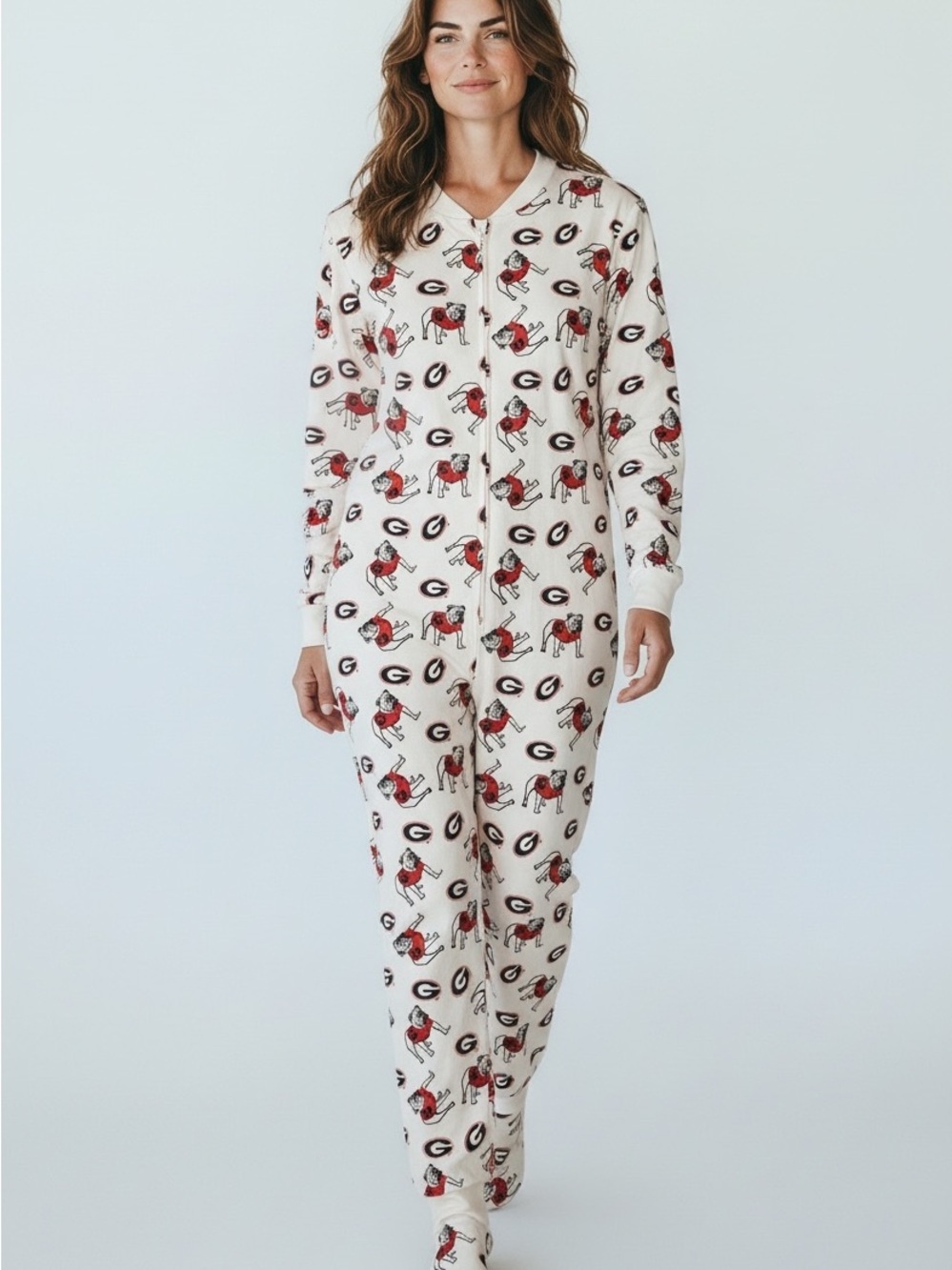 Pro Edge Cream and Red Bulldog Print women’s Pajama One-Piece